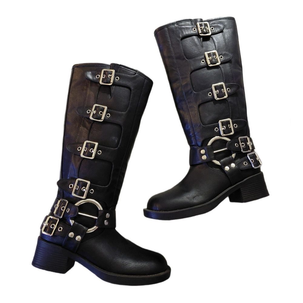 Tall Black Motorcycle Boot Women's Knee High Buckled Lug Sole Riding Boot Sz 6